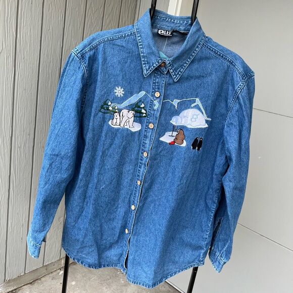 Vintage 90s Embroidered Denim Shirt L/XL Polar Bears, Penguins Winter Scene - Picture 1 of 6